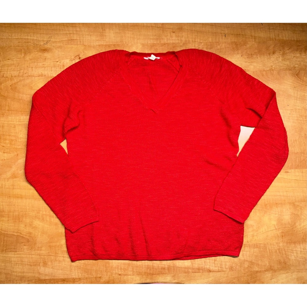 Eileen Fisher Red Organic Linen Cotton V-Neck Raglan Sweater Large